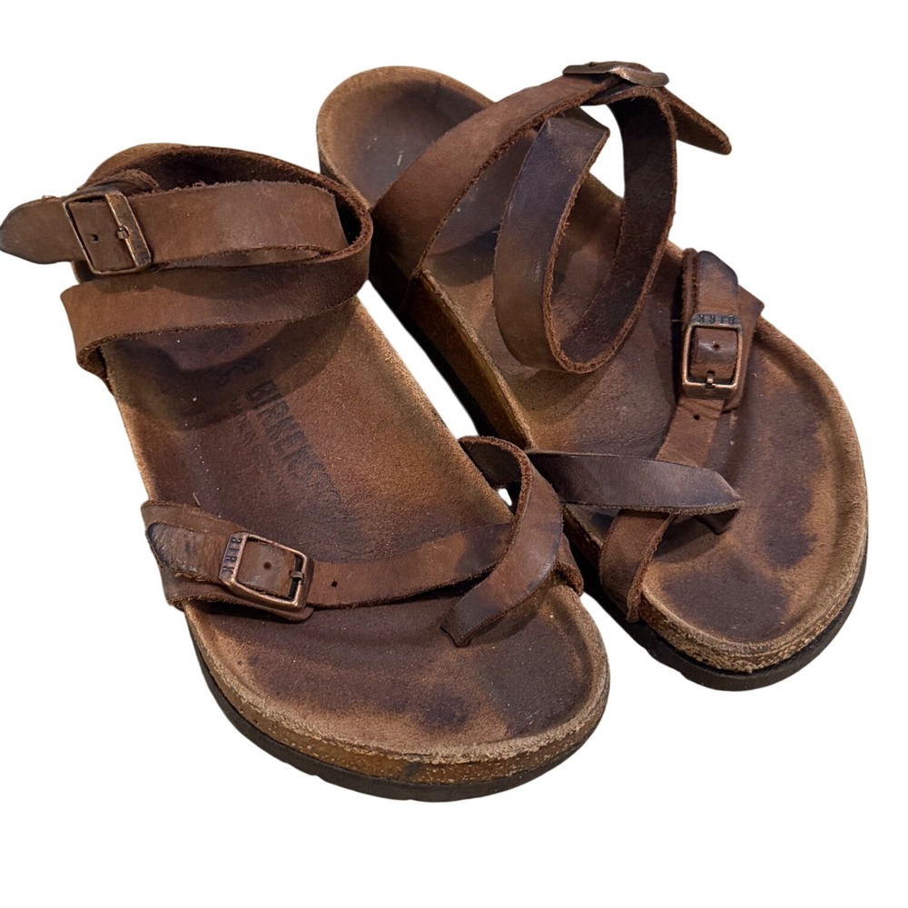 Birkenstock Yara Sandals Womens Size 38 Brown Leather Ankle Strap Toe Loop Shoes